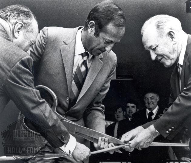 At the Pro Football Hall of Fame ribbon-cutting ceremony during an expansion were, left to right: HOF Board President Earl Sc