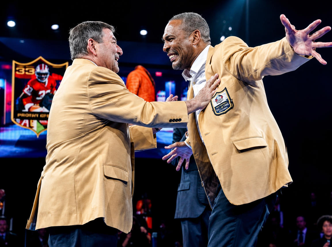 49ers former owner Eddie DeBartolo Jr. fits former fullback emotional Roger Craig with Gold Jacket Friday night at 2026 Class
